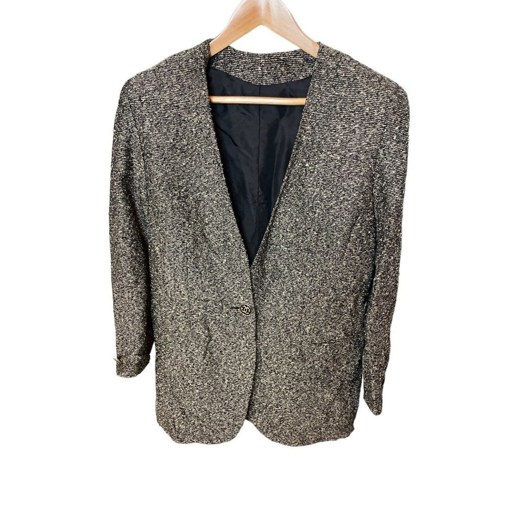 Hand Sewn Black Brown Textured Tweed Single Button Blazer Sz 12